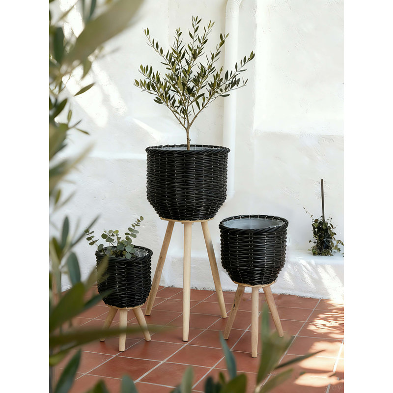 Ensemble de 3 paniers en rotin de polyester avec texture de corde et pieds fuselés en bois, Noir