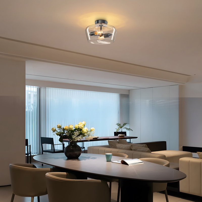 2-Light Modern Dimmable Clear Glass Semi Flush Mount, Matte Black