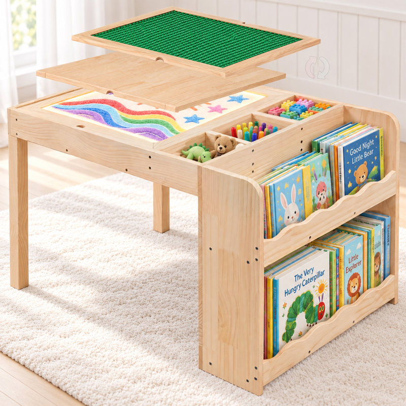 3-in-1 Kids Wooden Activity Table with LED Light Panel, Reversible Building Block Top and Book Storage