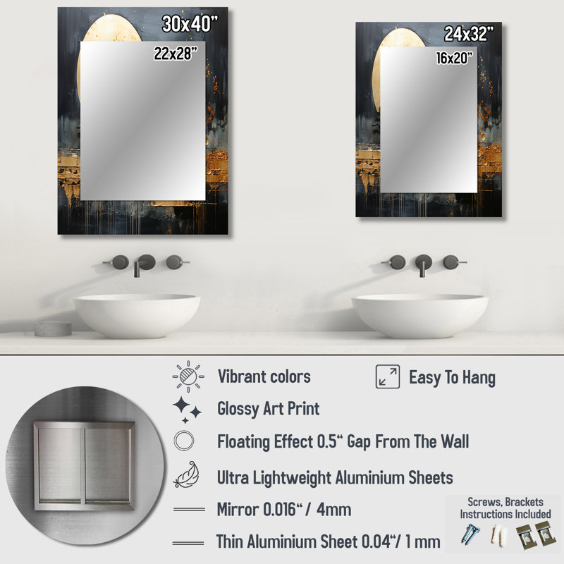 Or gris doré Gleam I - miroir unique de collages abstraits, grand miroir mural doré, impression d'art en métal, 40 po x 30 po