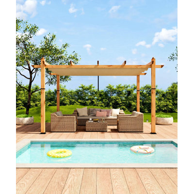 Pergola rétractable 10 x 10 pi avec finition grain de bois - Pavillon d'extérieur en aluminium robuste avec auvent imperméable UPF 50+ - Pavillon de jardin moderne pour patio, terrasse, cour et bord de piscine, kaki