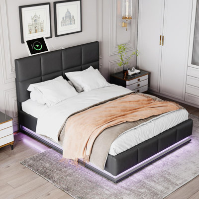 Contemporary Bed Frame-Tufted Upholstered Platform Bed With Hydraulic Storage System,Queen Size PU Storage Bed With LED Lights And USB Charger -  Ivy Bronx, 9026FB1D17864AA8B2B349DEE42DE61E