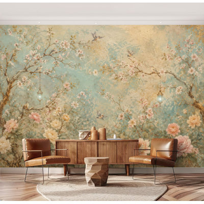 Papier peint adhésif autocollant amovible à motif floral en pastel autocollant rétro pour salle à manger H 69 po x l 96 po