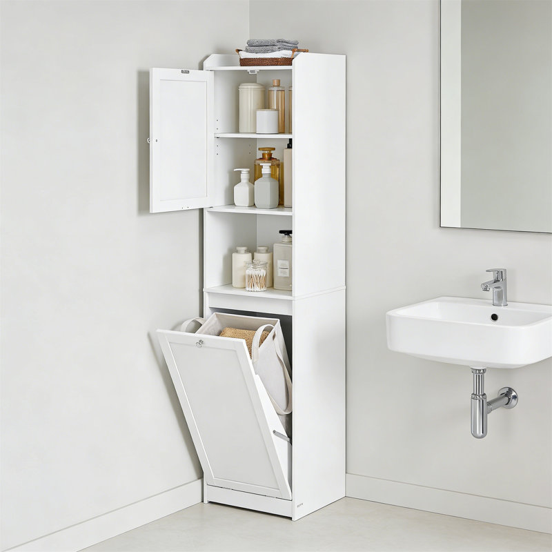 Cloud White Tall Storage Cabinet With Removable Laundry Basket & Compartment