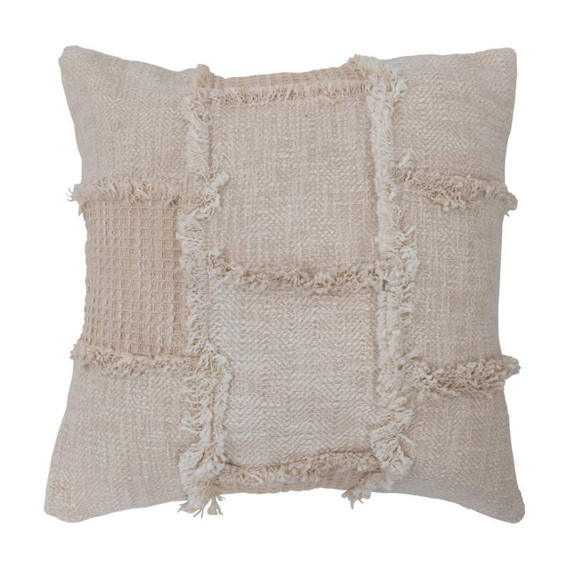18" Beige Cotton and Wool Patchwork Pillow with Frayed Edges
