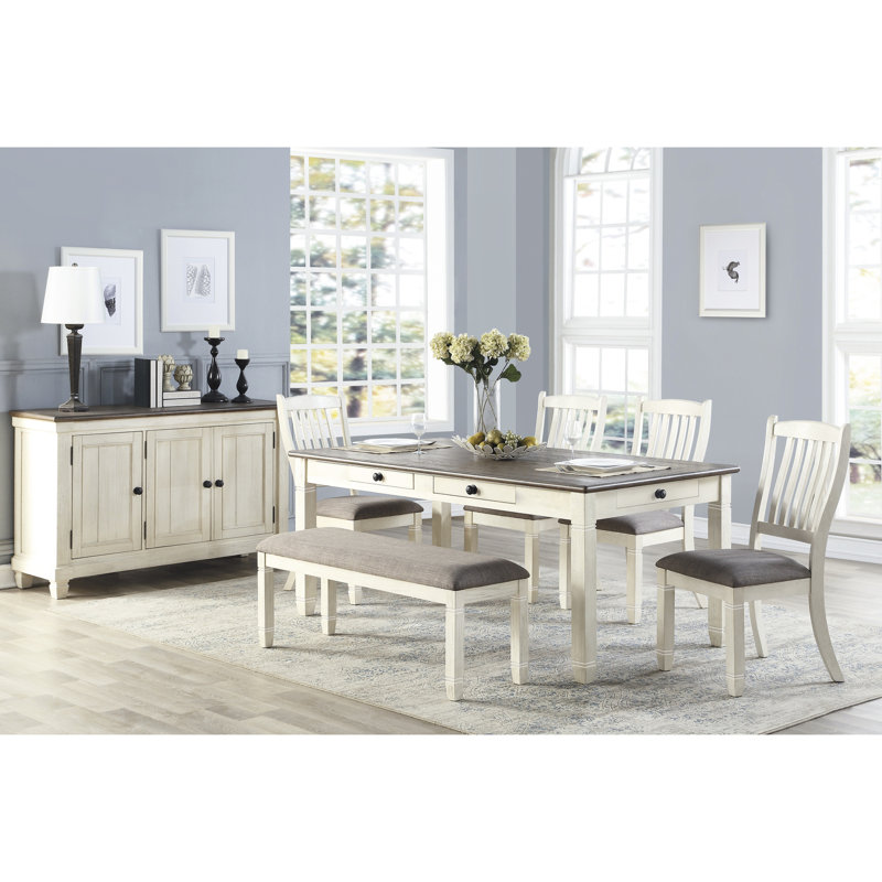 48-Inch Antique White Bench For Kitchen Dining - Upholstered Gray Textured Seat, 300Lbs Weight Capacity, Wood Area 48" Fabric, 19.5" Seat Height, Frame
