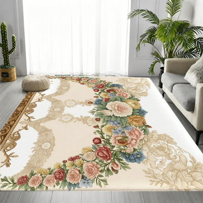 Tapis floral rétro avec pivoines roses et crème rétro, grand motif floral élégant, tapis antidérapant doux et durable lavable à la machine, décoration intérieure élégante pour le salon, la chambre à coucher, le vestibule, la porte d'entrée, la cuisine, le balcon et l'appartement