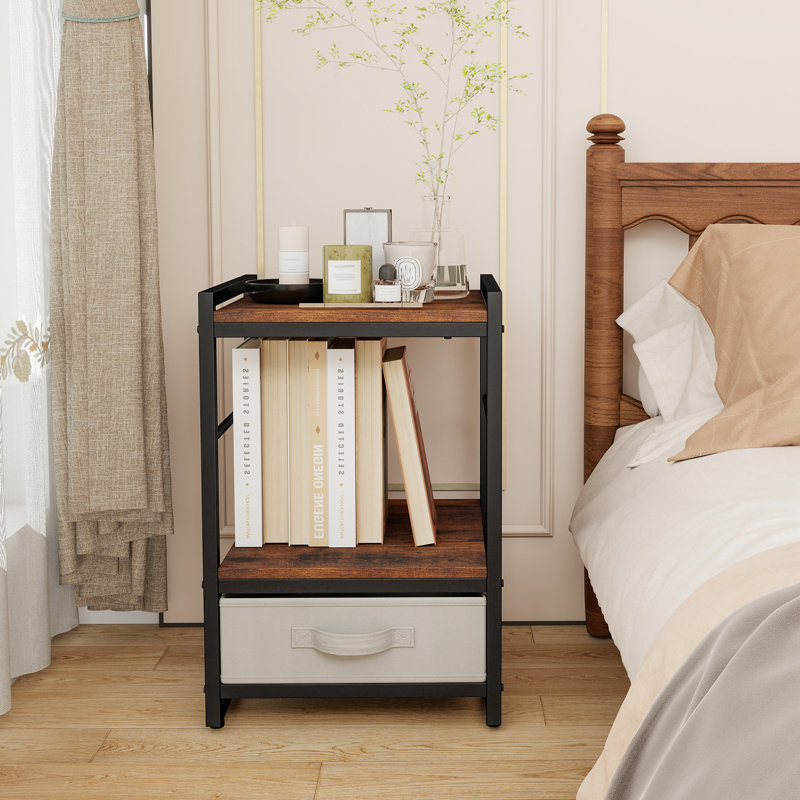 Table de chevet de chevet industrielle avec tablette de rangement ouverte et tiroir en tissu, Individuel