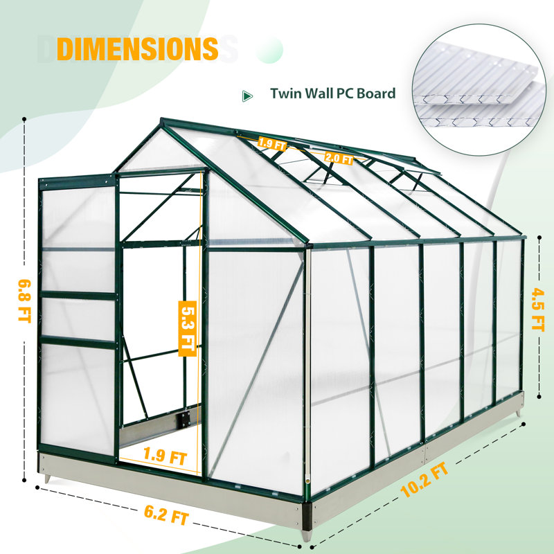 6x10 ft Large Walk-In Aluminum Frame Polycarbonate Hobby Greenhouse, Green