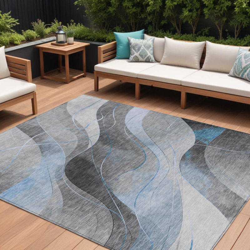Tapis d'extérieur lavable abstrait bleu ciel et argent 10 pi x 14 pi bleu ciel