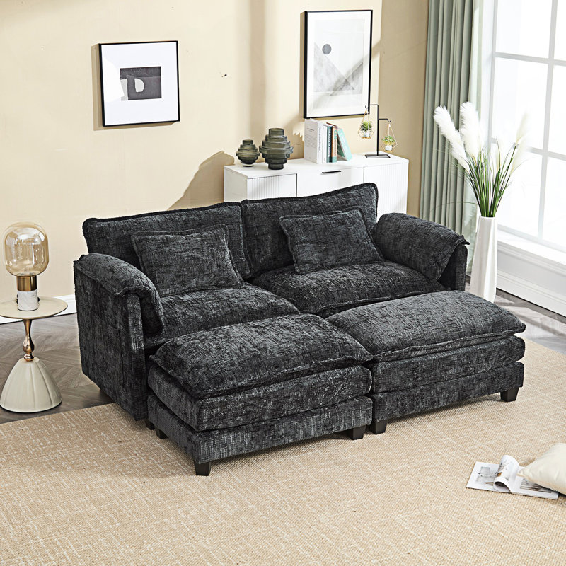 Zuri Upholstered 2-Seater Sectional Sofa with Ottomans, Black Chenille