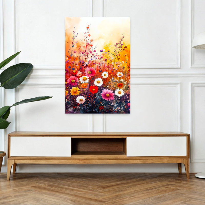 Art floral coloré, champ de fleurs sauvages colorées, marguerite abstraite, 48" H x 32" W