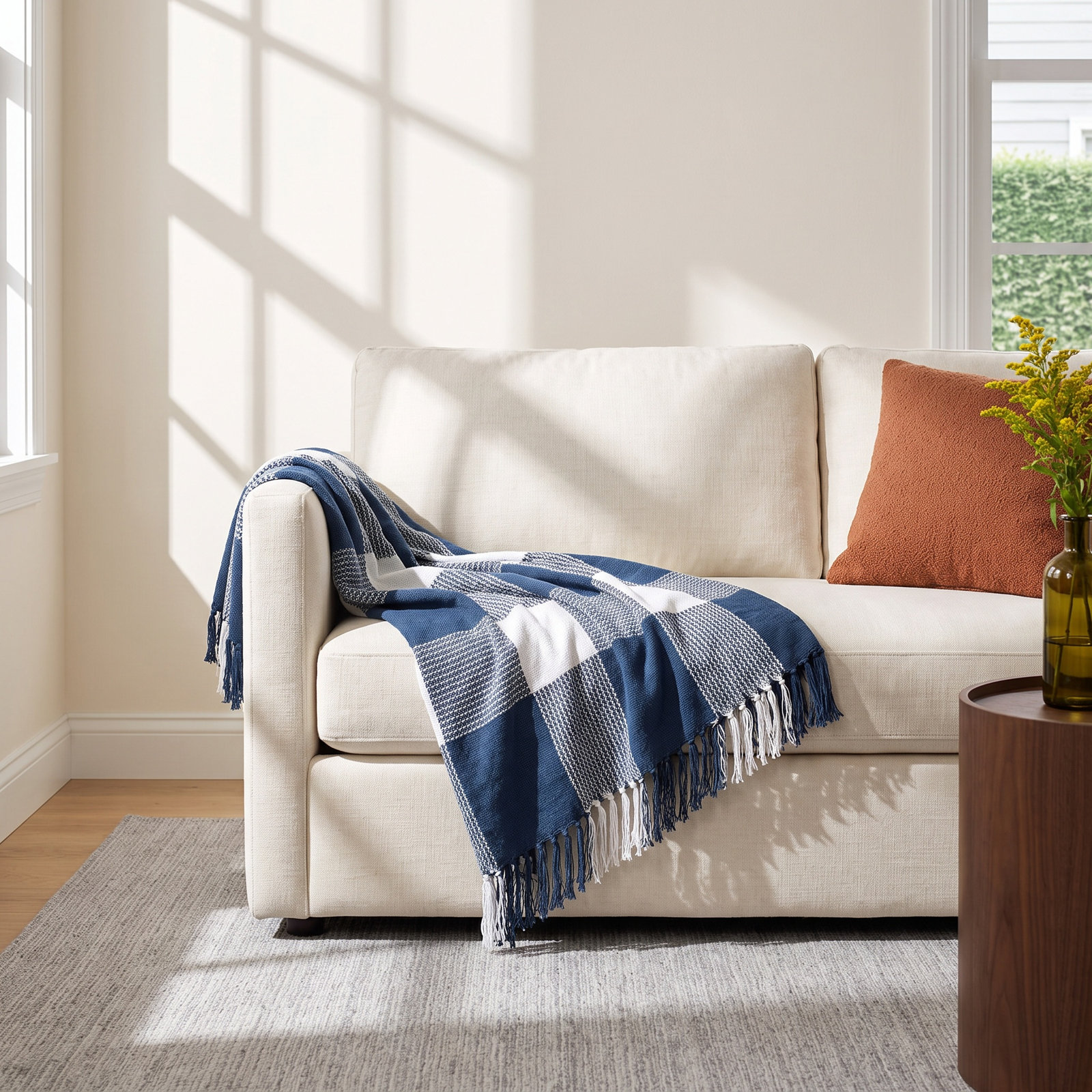 Plaid Cotton Throw Blanket, Blue