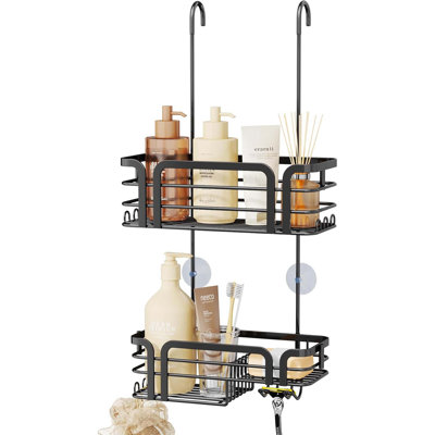 11-Hooks 2 Installation Ways Over the Door Shower Caddy Black Stainless Steel Rustproof with Soap Holder Bathroom Organizer