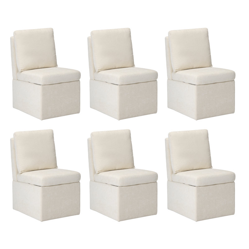 Chenille Upholstered Dining Chair With Storage With Casters, 6, Cream