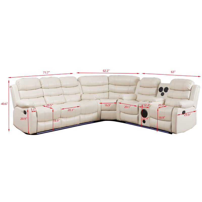 Manual Reclining White Leather Sectional Sofa With Bluetooth Speaker 6 Seater Corner Couch, White Faux Leather
