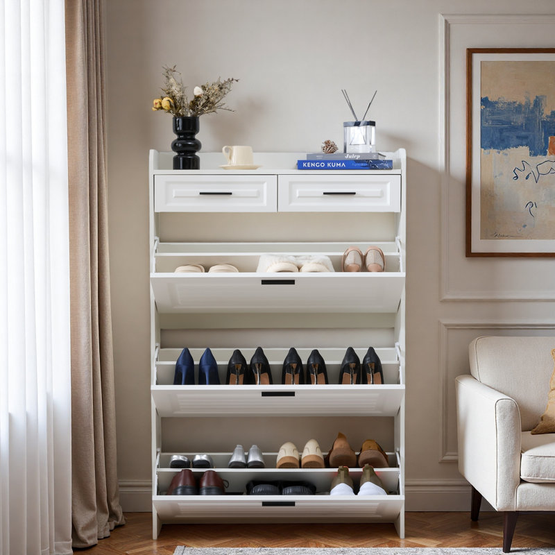 Flip-type Shoe Cabinet With 2 Drawers, White