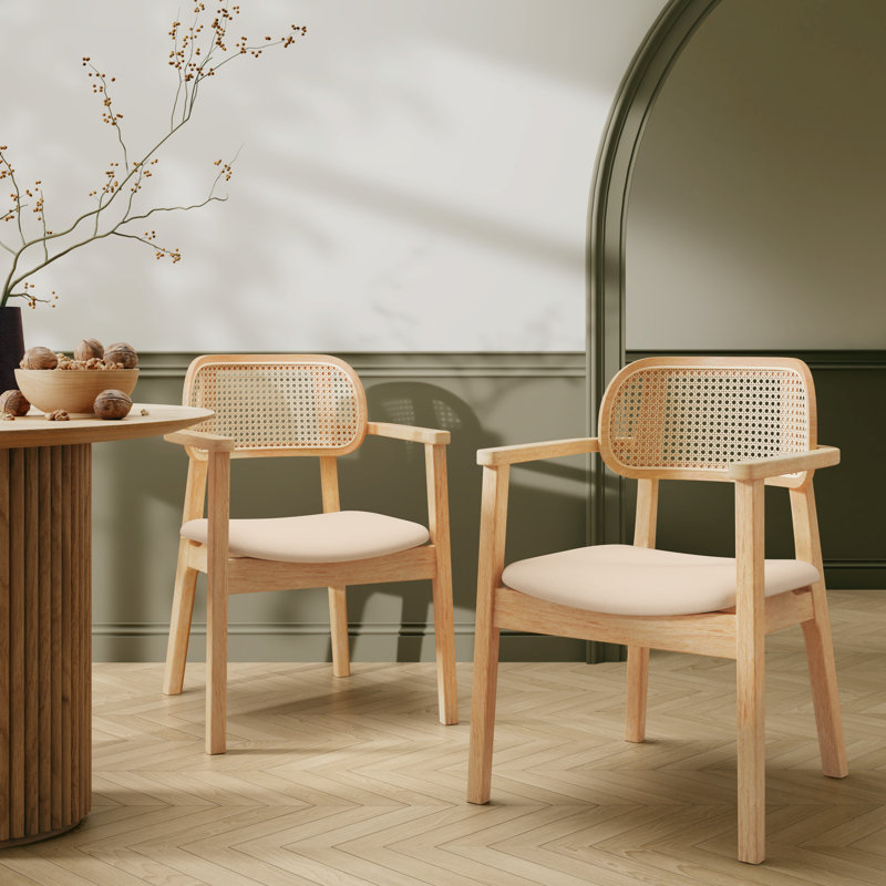 Chaises de salle à manger en PE avec assise rembourrée et structure en bois PE, Naturel, 2