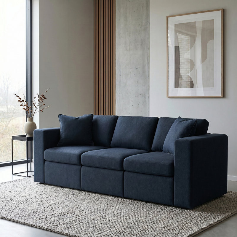 Lockheart 88 inch 3-Seat Modular Sofa Blue Square Arm, Blue