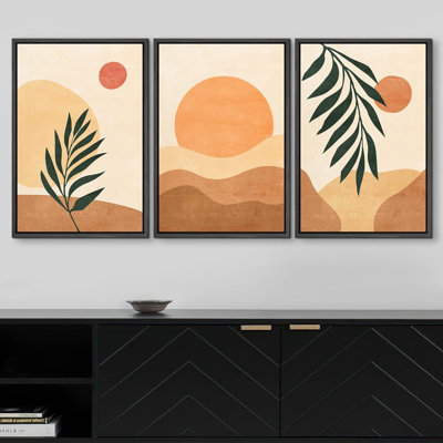 " Boho Mid-Century Geometric Sunlight Palm Leaf Abstract Illustrations Modern Art Landscape Colorful " 3 - Pieces on