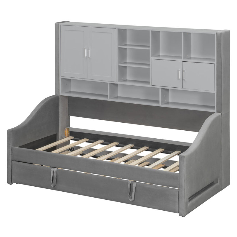 Lit de jour rembourré avec éclairage d'accoudoirs à DEL, tablettes et armoires de rangement, relevable coulissant, Gris