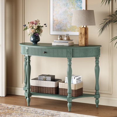 Console demi-lune en bois massif avec tiroir et tablette, table d'entrée incurvée à cannelures vintage pour vestibule de vestibule, canapé à espace étroit avec pieds romains sculptés à colonne romaine - vert rustique