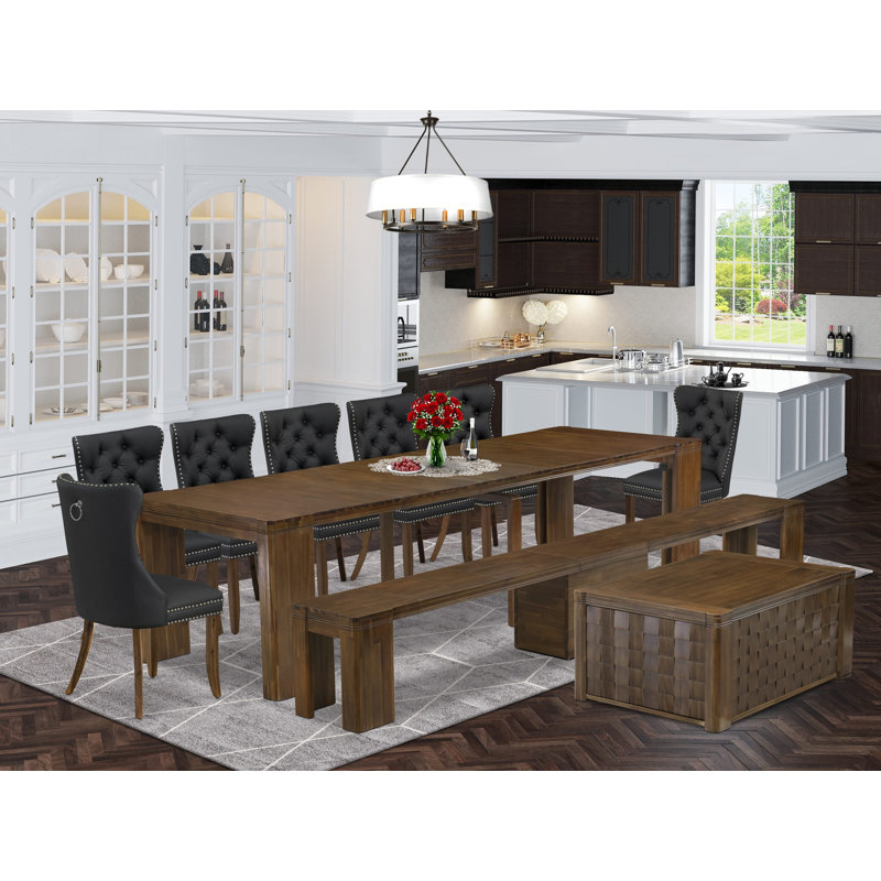 10-Pc Modern Dining Table Set includes an Extendable Kitchen Table, 1 Coffee Table, 7 Polyester Dining Chairs and 1 Bench, Antique Walnut