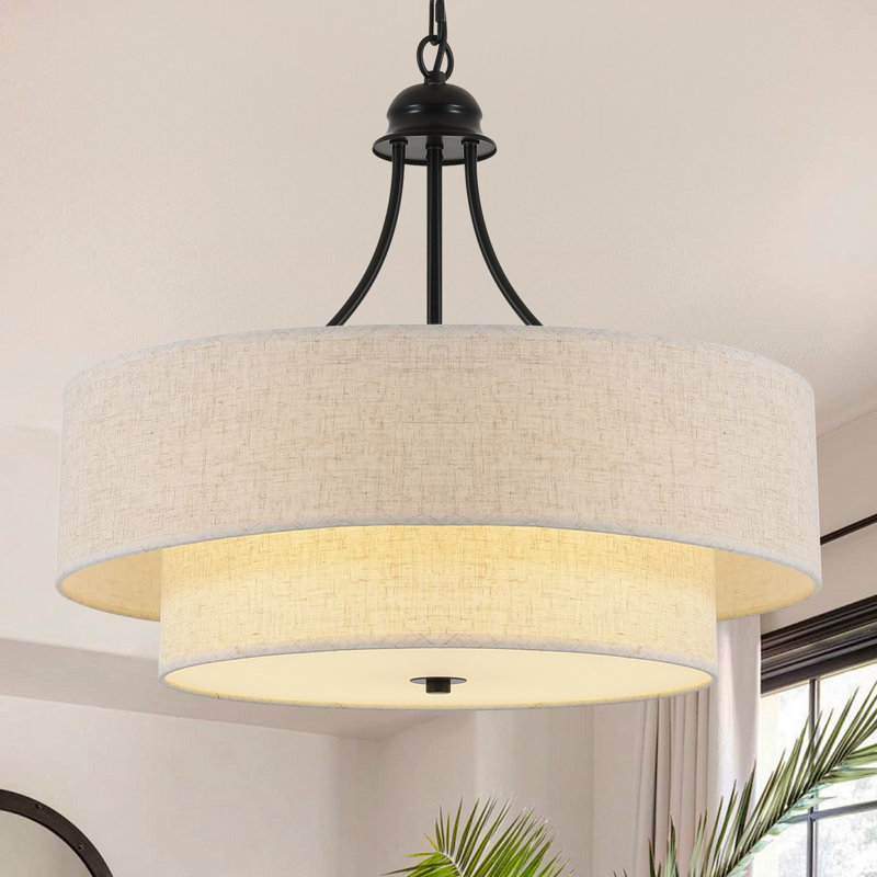 Lustre tambour de ferme moderne 6 lumières 21,65 po avec abat-jour en lin beige pour îlot de cuisine