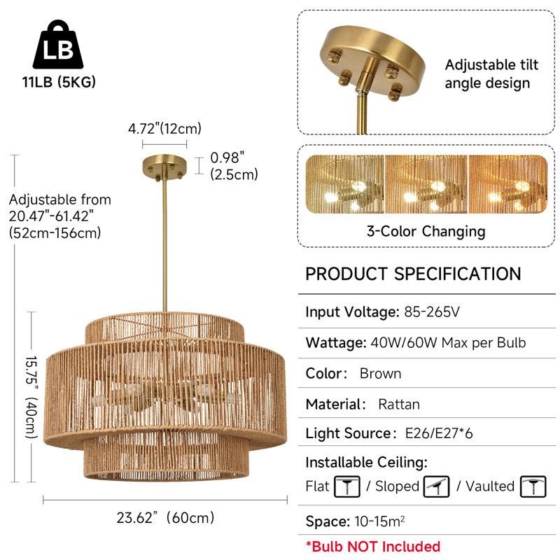 Boho Rattan Chandelier Light Fixture