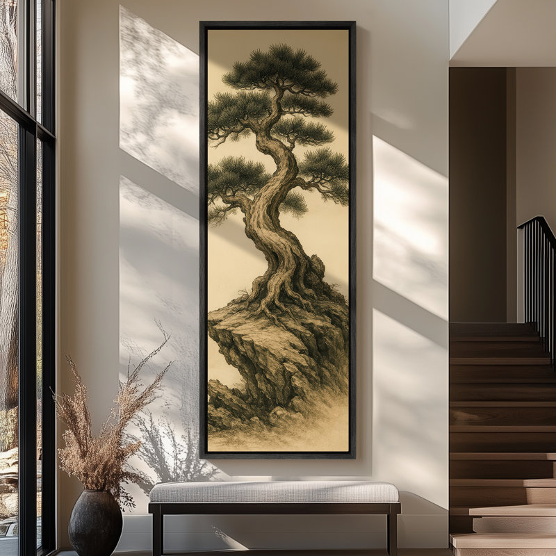 Ancien pin sur une falaise rocheuse - reproduction d'art sur toile encadrée, H 60 po x l 20 po x P 1,5 po, Noir