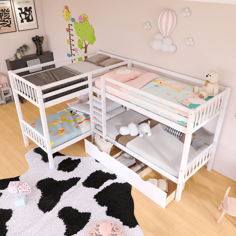 Wood Frame Twin Over Twin Size L-Shaped Bunk Bed With Drawers, White