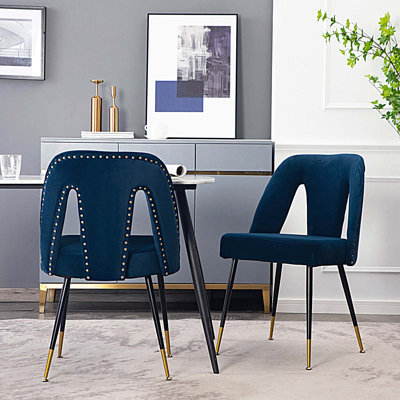 Velvet Upholstered Dining Chair with Nailheads and Gold Tipped Black Metal Legs, Set of 2