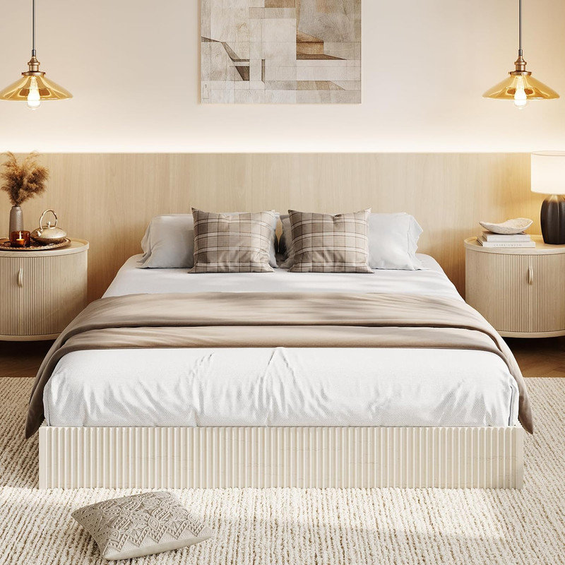 Wood Platform Bed Frame with Fluted Design, Low Profile Minimalist Bed Base, Noise‑Free & No Box Spring, Cream, Queen