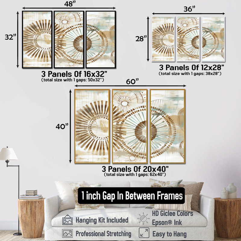Ensemble de salon art mural beige boho bohémien mandala spirale I - Boho, Cadre flottant brun, H 40 po x l 60 po x P 1 po