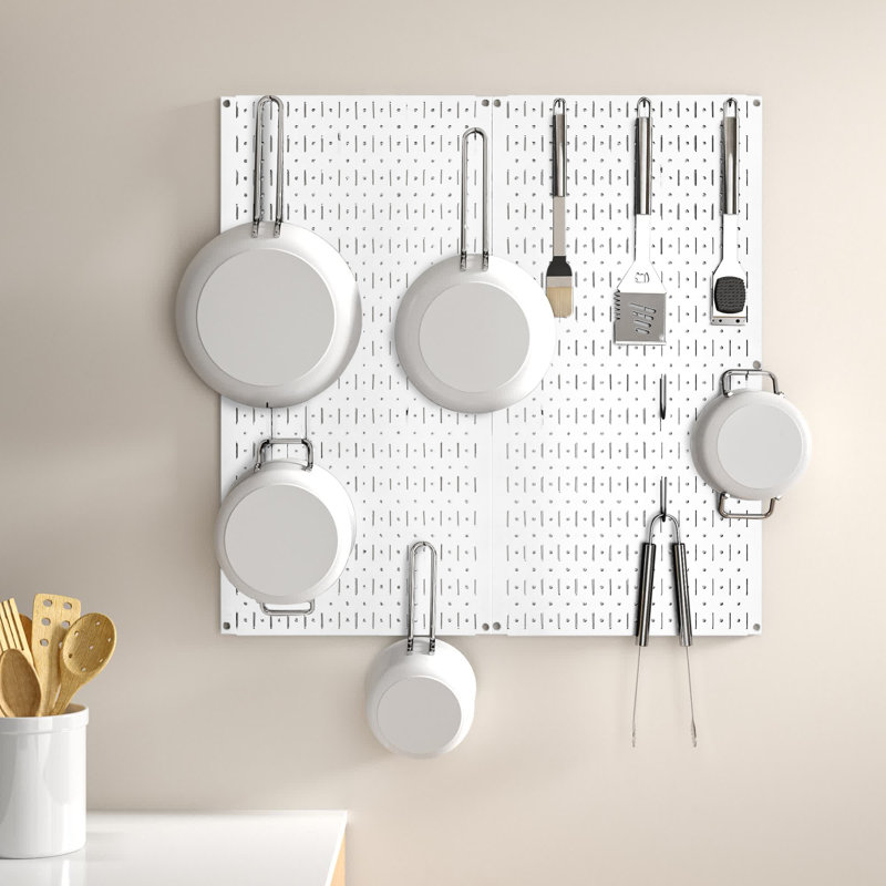 Metal Rectangle Wall Mounted Pot Rack, White /  Red