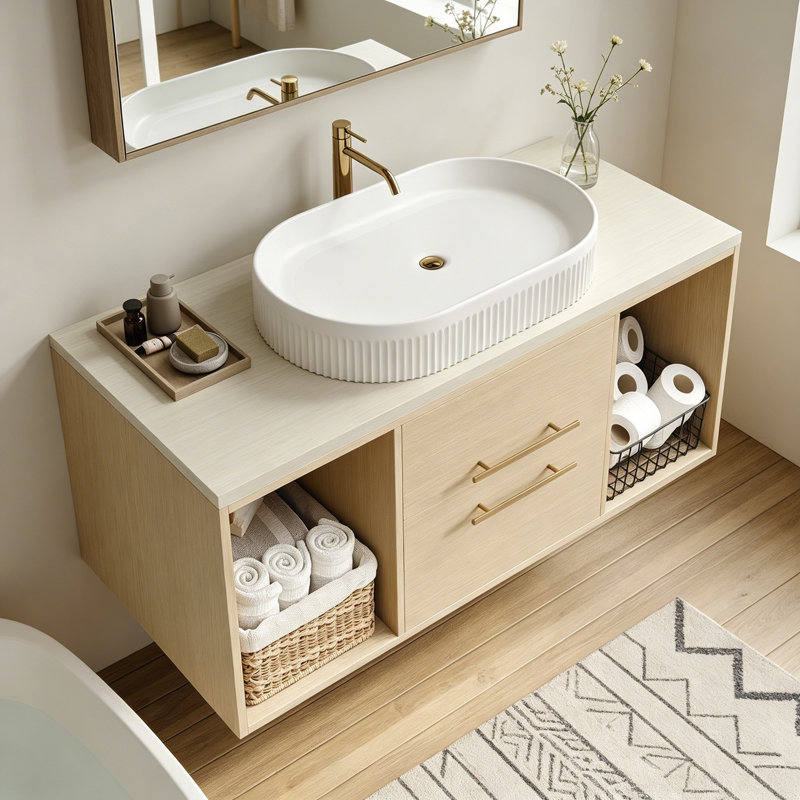 Meuble-lavabo mural avec lavabo, 2 tiroirs et tablette ouverte