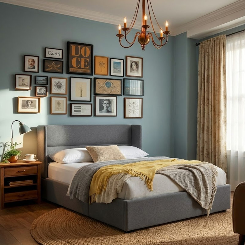 Lit plateforme tapissier avec rangement Gaillarde, Double, Gris olive clair
