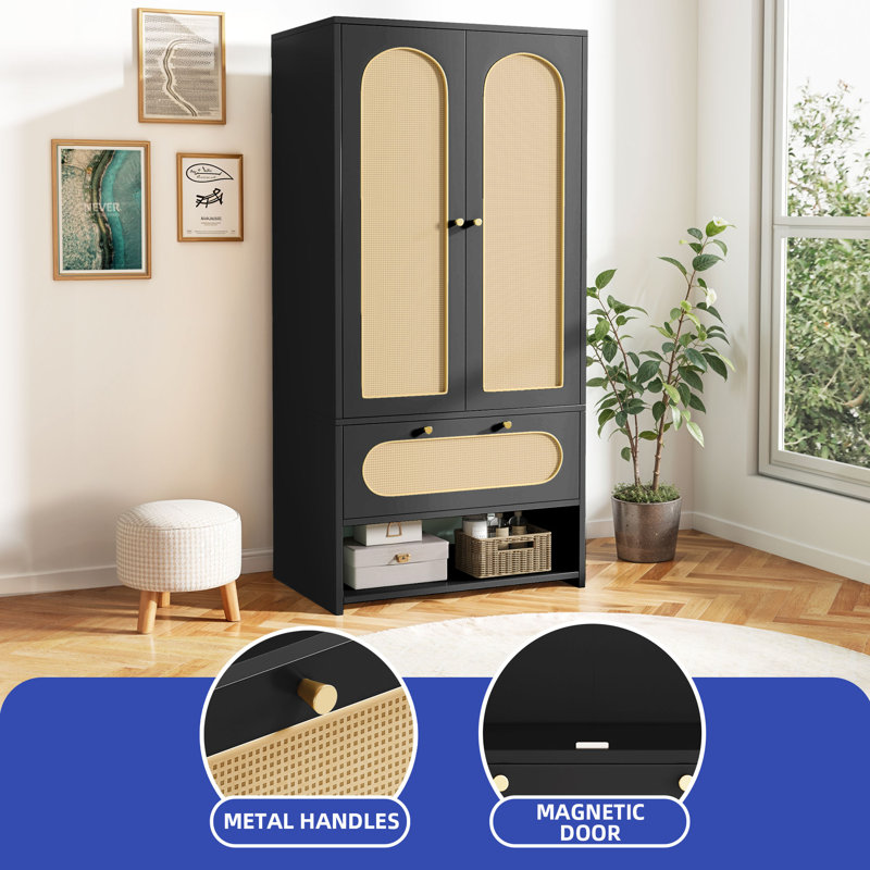 Black and Natural Rattan Armoire Closet with Doors and Drawer