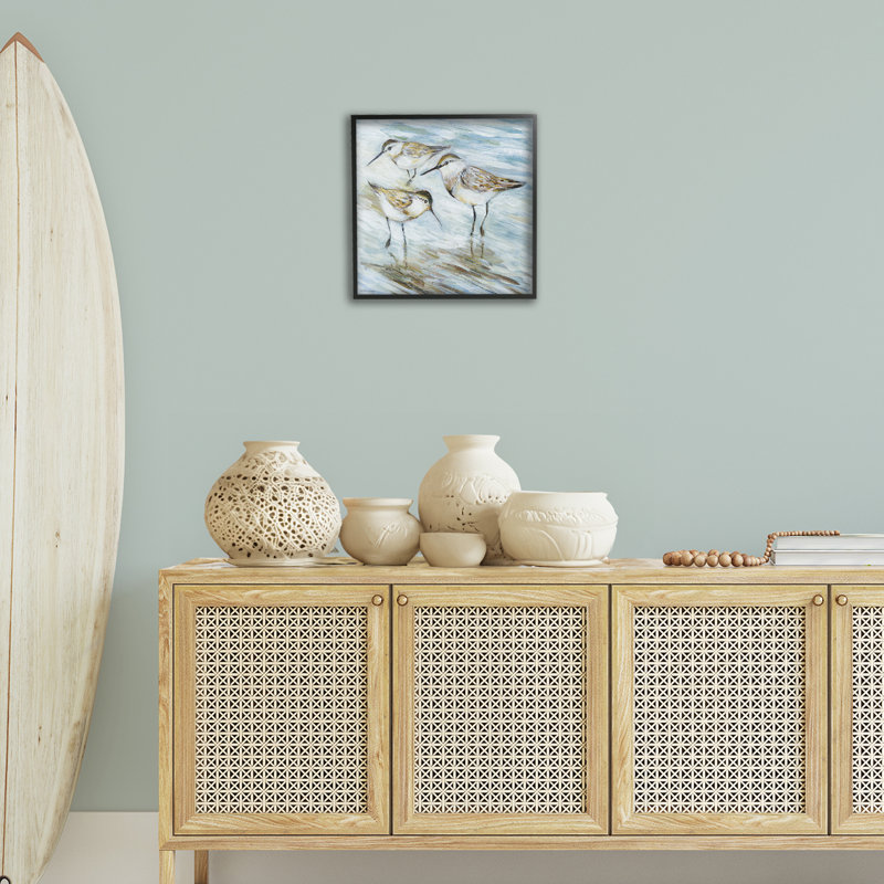 «Wetlands Sandpiper Trio», estampe numérique de Susan Winget, H 17 po x l 17 po, Giclée encadrée noir minuit