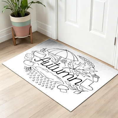 Tapis intérieur orange lavable à la machine, motif esquisse d'automne à lignes blanches