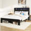 Base de lit pour grand lit: bruit, tête de lit avec rangement pour câbles, 2 sommiers sans sommier et lattes de bois pour la chambre à coucher: tête de lit à DEL, charge, design rétro, noir foncé facile à assembler-1261006006