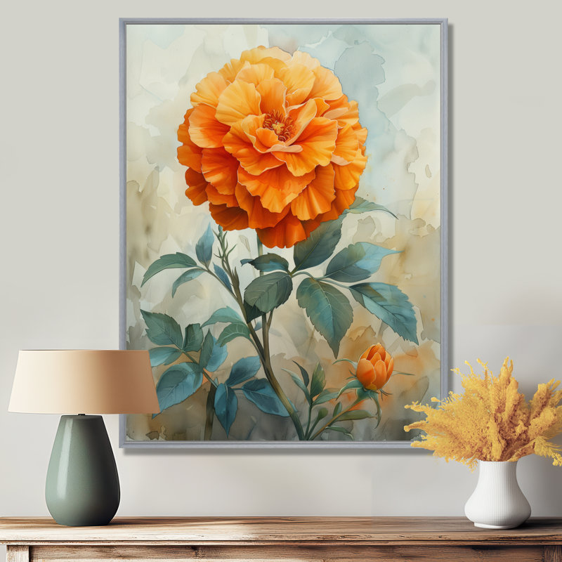 Orange orange, fleur parfumée, souci I - impression murale souci, H 12 po x l 20 po, Cadre argenté flottant, bois massif