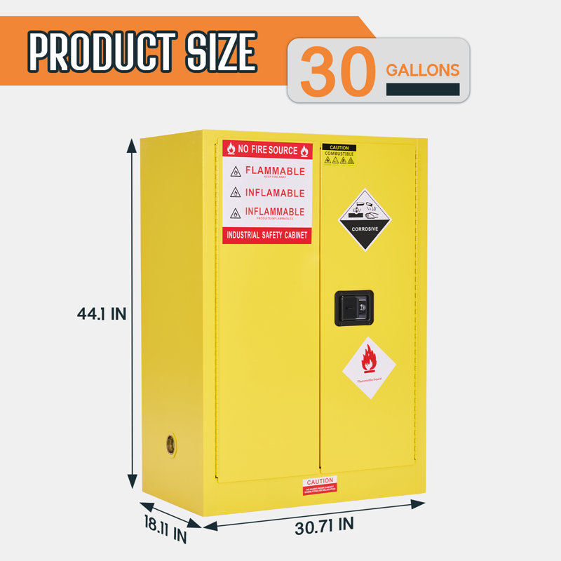 30 Gal Flammable Cabinet, 44x18 Inch, Cold-Rolled Steel, Adjustable Shelves, OSHA & CE Certified for Industrial, Commercial, Laboratory, and Institutional Use, Yellow