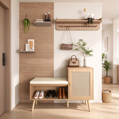 Rattan Shoe Storage Bench with Cushioned Seat & Side Cabinet, Wooden Entryway Shoe Organizer, Shoe Bench with Hidden Storage for Hallway, Foyer, Entrance