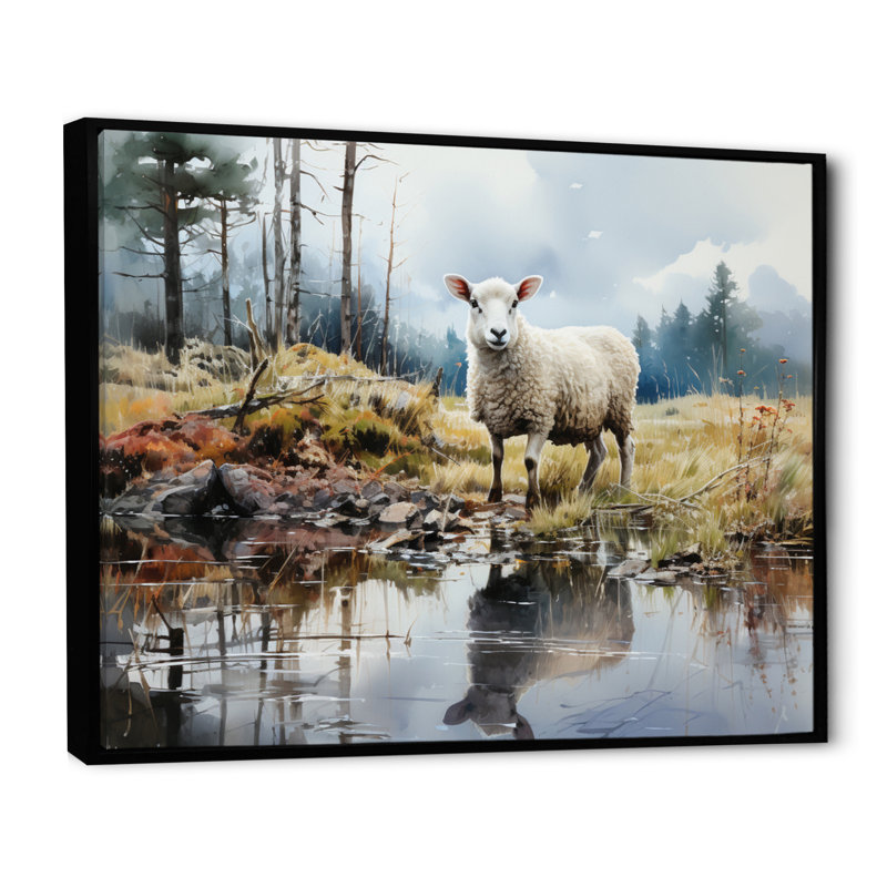Sheep Reflection - reproduction sur toile, H 30 po x l 40 po x P 1,5 po, Cadre flottant noir