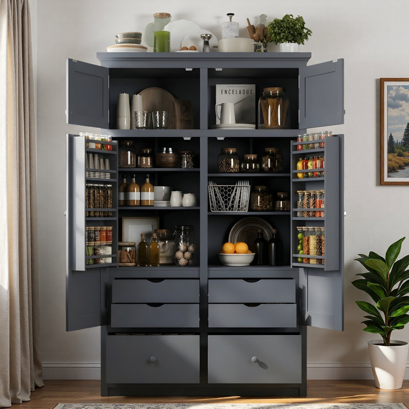 Garde-manger autoportant avec 8 tablettes de porte, 4 plateaux coulissants et 2 tiroirs, Gray