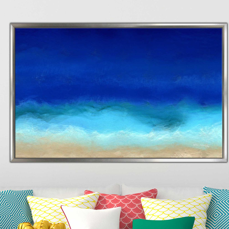 «Beach Scene 8 Aqua Beach», reproduction d'impression sur plastique, H 21,5 po x l 33,5 po x P 2 po, Cadre flottant argent