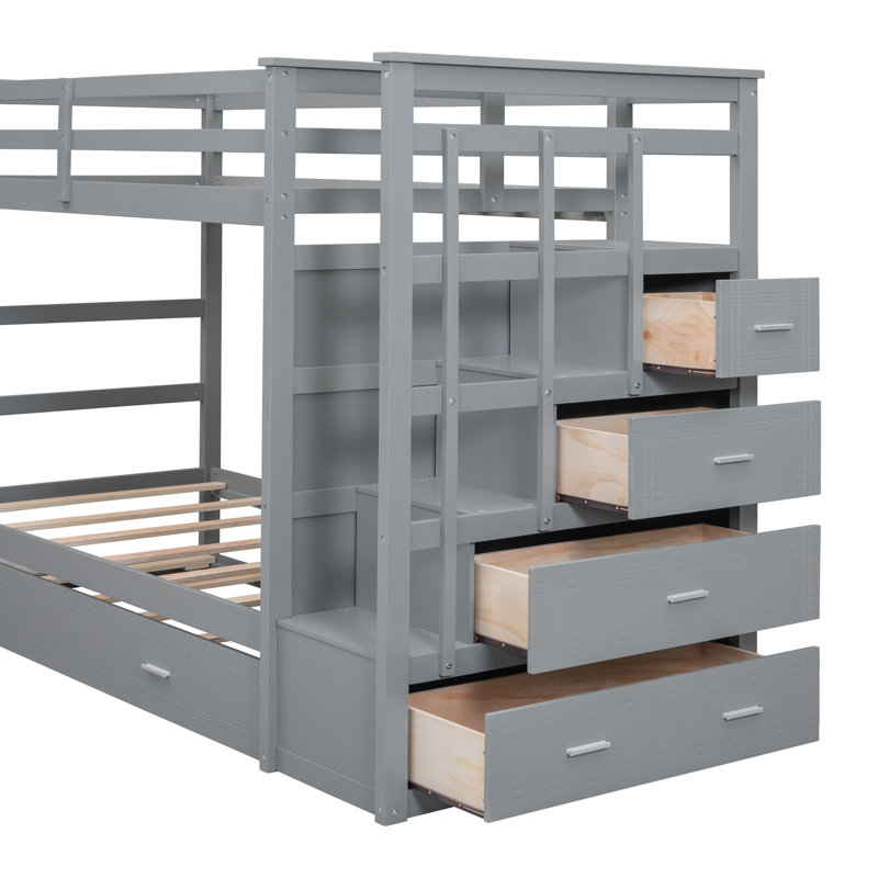 Bunk Bed With Trundle And Staircase, Grey, Twin Over Twin