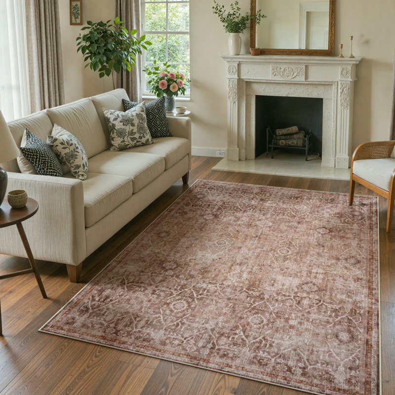  Vintage Tribal Cashmere Washable Red Area Rug - Soft Non Slip Oriental Distressed Design Rug for Living Room, Bedroom, or Study Decor