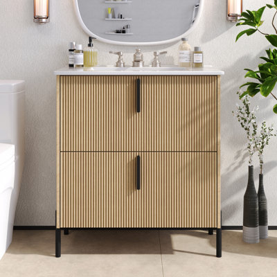 Meuble-lavabo de 30 po avec lavabo en céramique et tiroirs pleine extension, glissières de tiroir à fermeture en douceur, conception cannelée, naturel